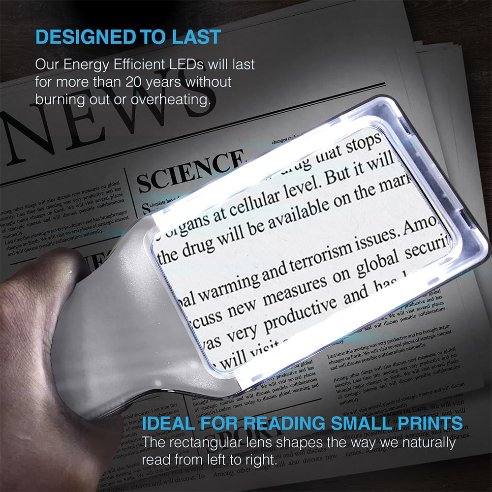 MagniPros 6X Rechargeable Magnifying Glass for Reading with 3 Color Light Modes & Anti-Glare Lens - Relieve Eye Strain | Perfect for Low Vision Seniors, Inspection, Crafts & Fine Print