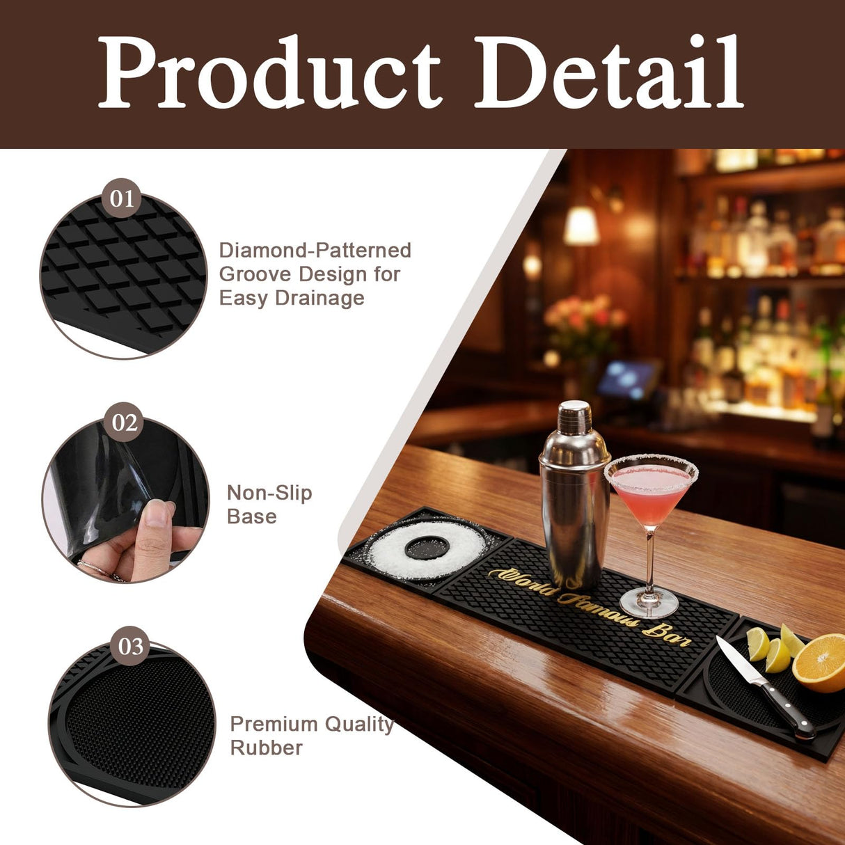 Bar Mat 3-in-1 Non-Slip Bartender Mat, Bar Accessories Countertop Mat 24 x 6 Inch with Spill Catching Surface, Bar Drip Mat for Home, Outdoor & RV Bar Setupļ¼Blackļ¼