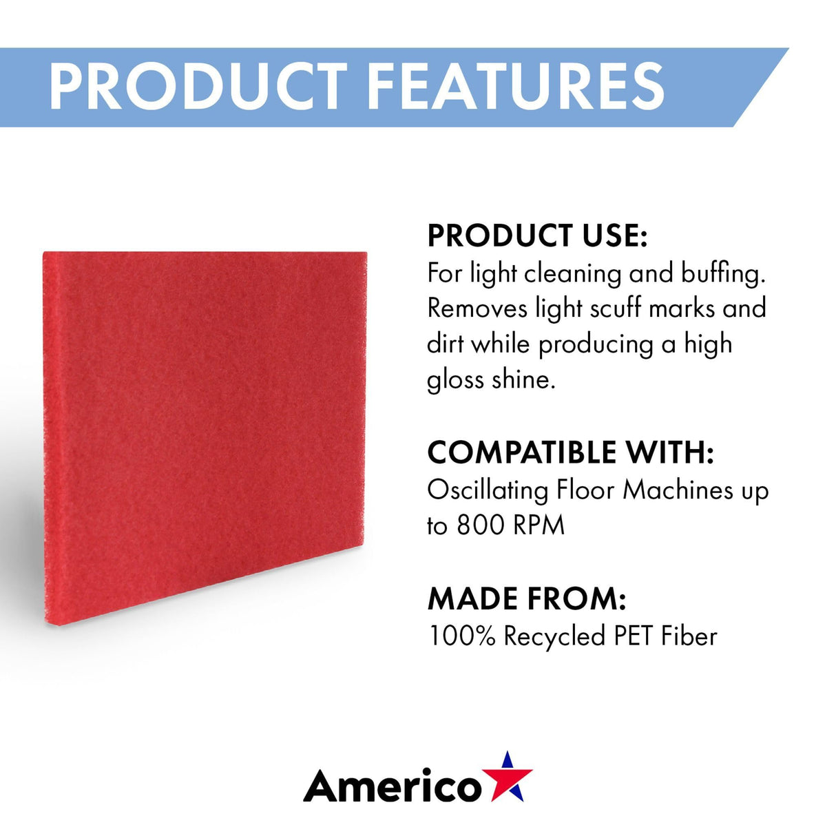 Americo Red Buffer Floor Pad, for Light Cleaning and Buffing, 14"x20", 5 Pads/Case, Made of 100% Recycled Content, USA Made