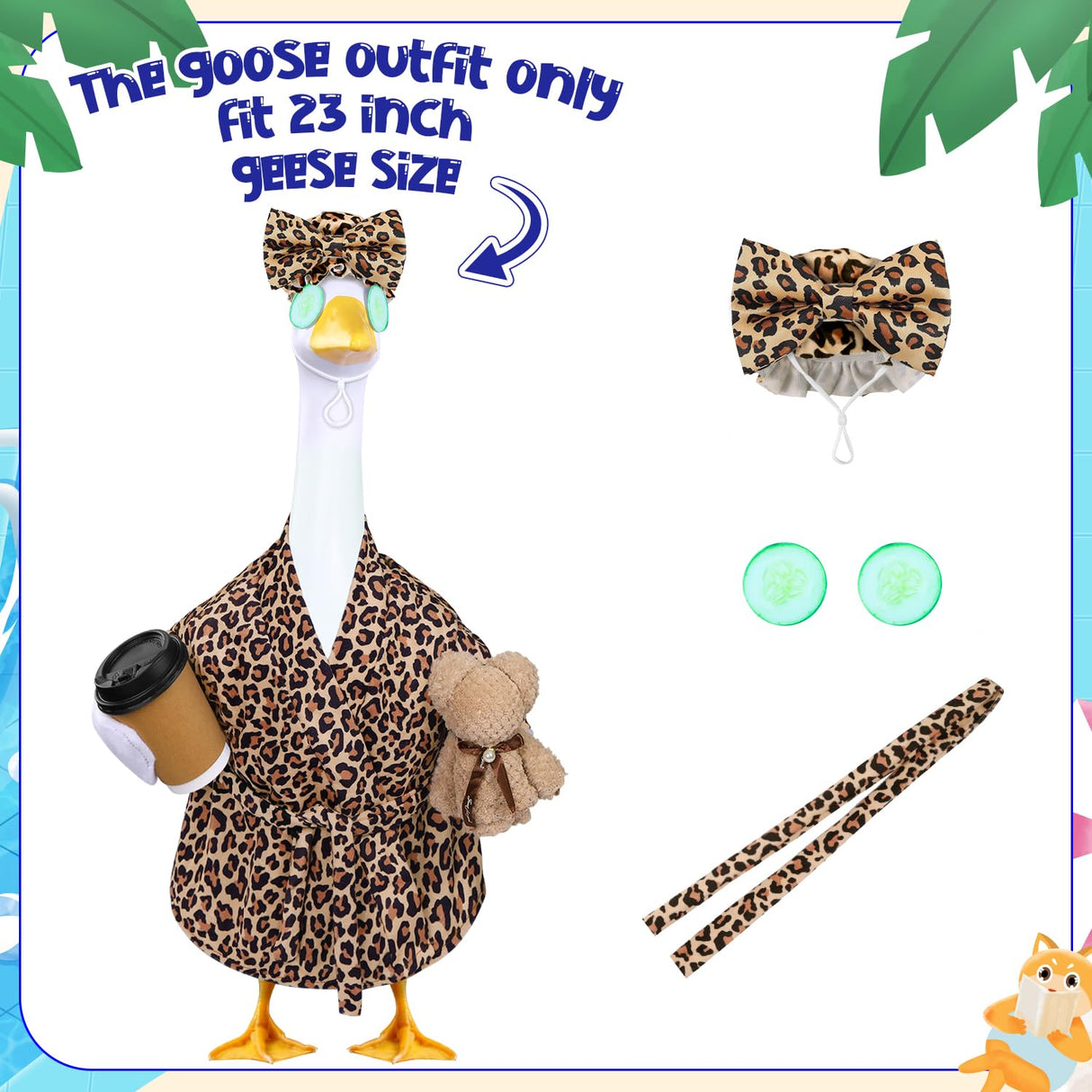 Celltestria Lady Goose Outfits for 23" Geese Bathrobe Brown Leopard Porch Goose Costume Coffee Cup Bear Cucumber Eye Mask Goose Clothes for Outdoor Patio Yard Lawn Garden Decoration