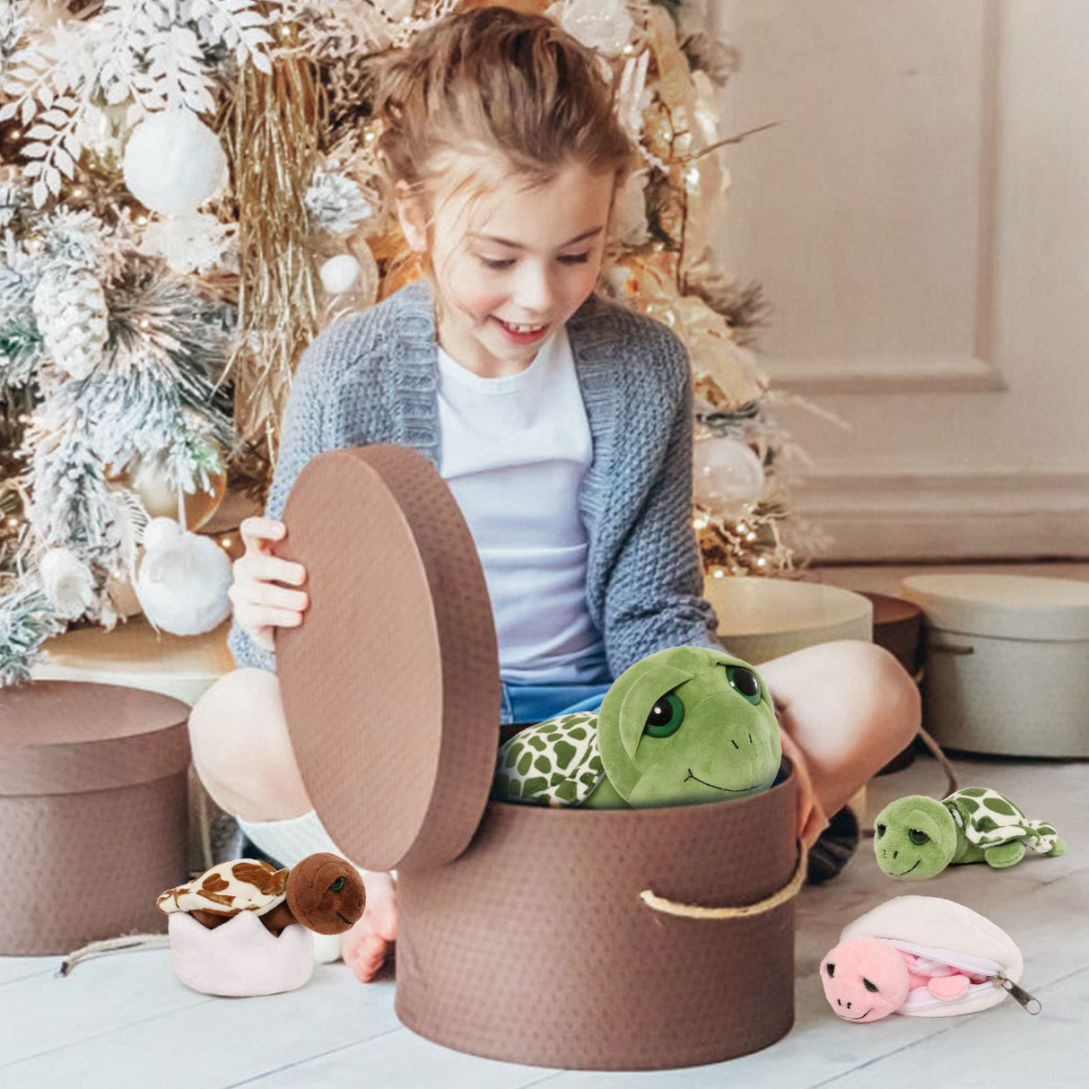 Karister 6Pcs Turtle Stuffed Animals with Three Babies Inside Shell,14" Sea Turtle Plush Pillow Toy with Two Eggs, Stuffed Tortoise for Kids, Ocean Plush for Birthday Christmas or Baby Shower