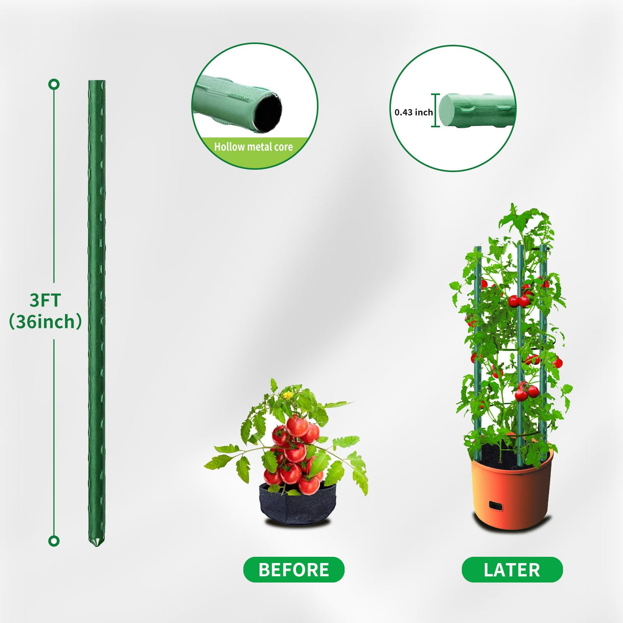 25 Pack Garden Stakes 4FT (48 Inch), Heavy Duty Steel Tomato Stakes with Plastic Coating, Plant Support Stakes for Outdoor Climbing Plants, Vegetables, Beans, Potted Plants & Garden Use