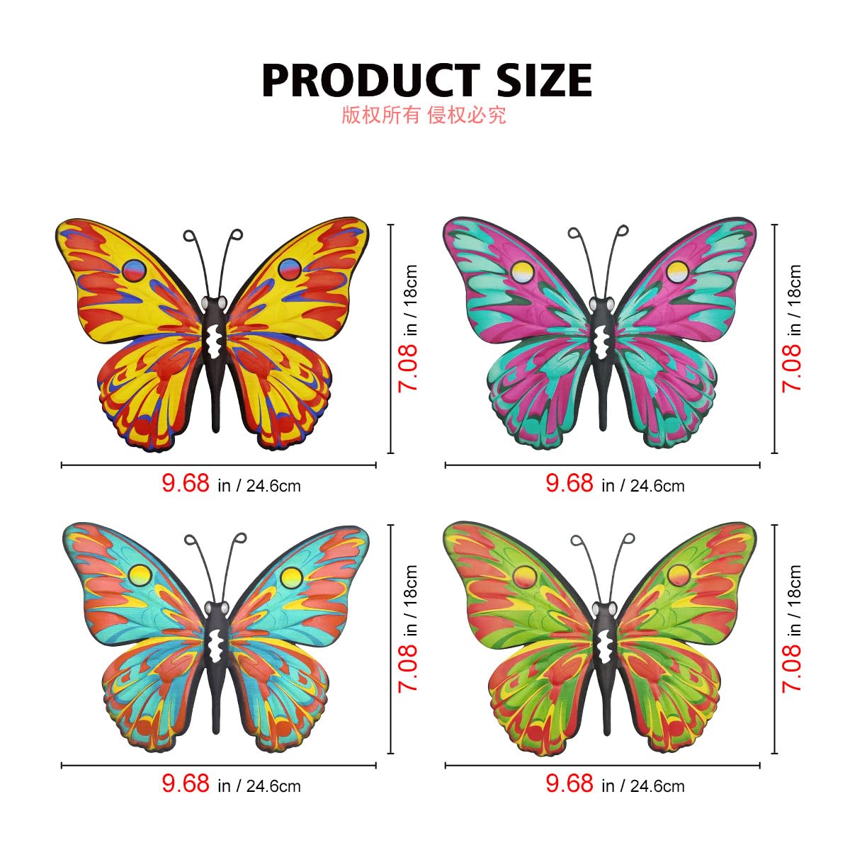 Daogtc Metal Butterfly Wall Decor - 9.6" Outdoor Fence Wall Art Decor, Hanging Decorations for Garden Yard Living Room Bedroom Patio Balcony(4 Pack)