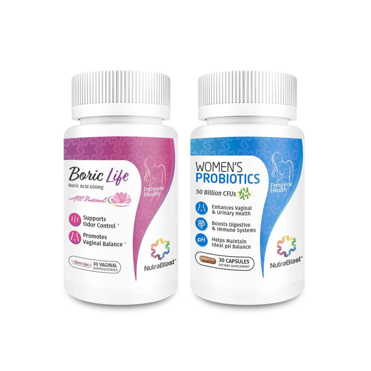 NutraBlast Boric Acid Vaginal Suppositories Bundle with Vaginal Probiotics | Supports Odor Control | Digestive, UT & Intimate Health | Promotes Healthy Intimate Balance (30 Count)