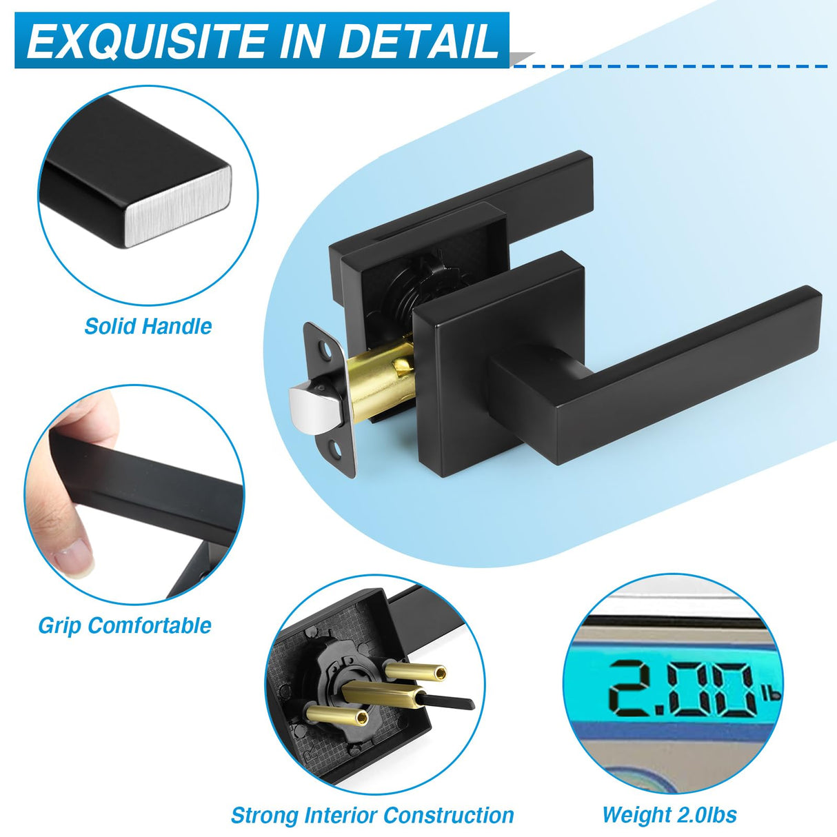 Plustool 4 Pack Black Door Handles Interior, Passage Door Levers for Hallway&Closet, Interior Closet Door Knobs Heavy Duty Square Non-Locking Handlesets(2.0lb), Reversible for Left&Right Sided Doors