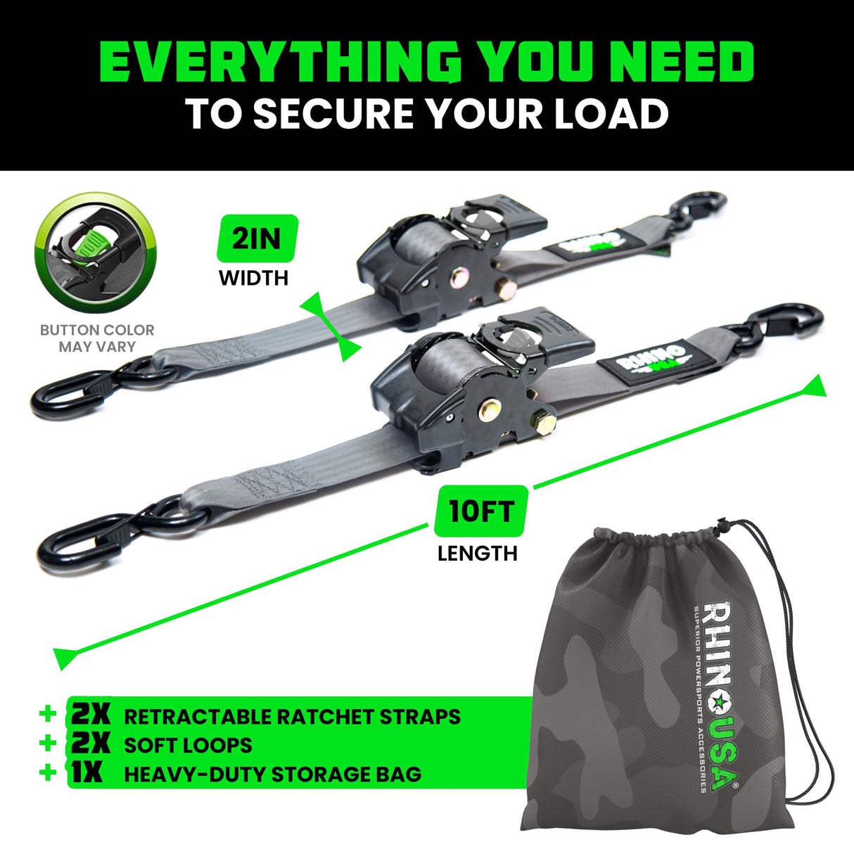 Rhino USA Retractable Ratchet Straps (2-Pack) - 2 Inch x 10 Feet (3,033lb Break Strength) - Heavy Duty Auto Self Retracting Tie Down Straps for Truck, Cargo Trailer, Motorcycle, Rad & More - Gray