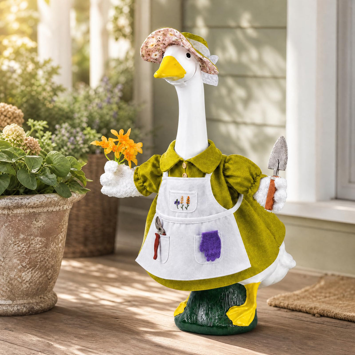 HALSHI Spring Gardener Porch Goose Outfit for 23 Inch Plastic Cement Goose Statue, Goose Outfit Clothes with Hat, Felt Tools & Flower for Outdoor Garden Yard Patio Art Decor