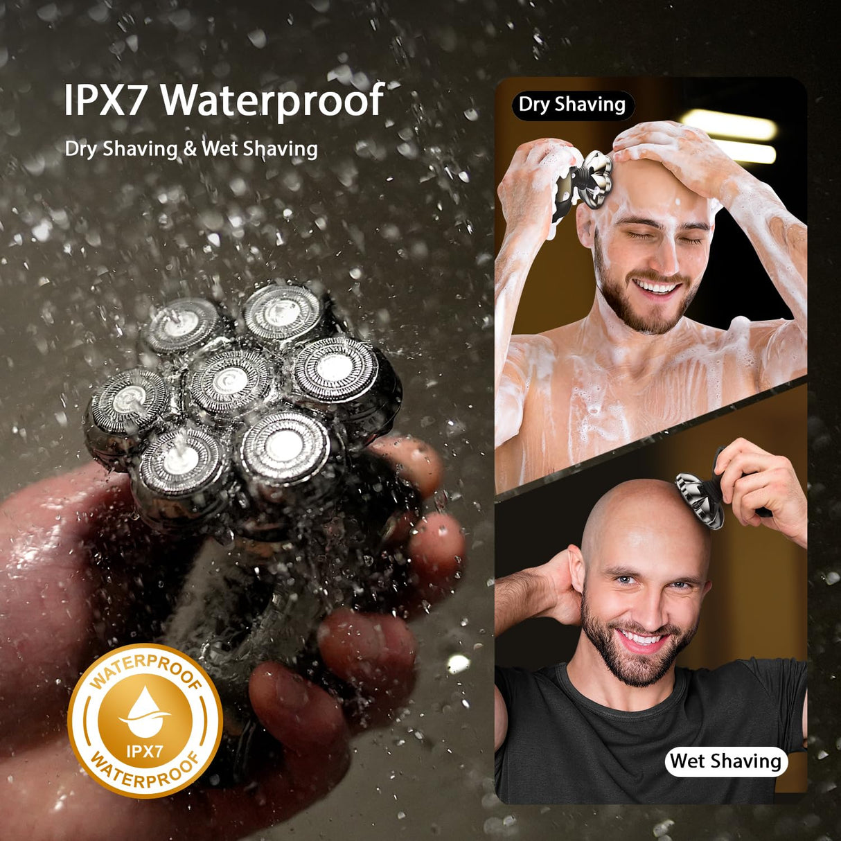 7D Head Shaver for Bald Men,IPX7 Waterproof Electric Rotary Shaver with Detachable Heads, Wet/Dry Shaving, LED Display, USB Rechargeable - Grooming Kit for Men & Women