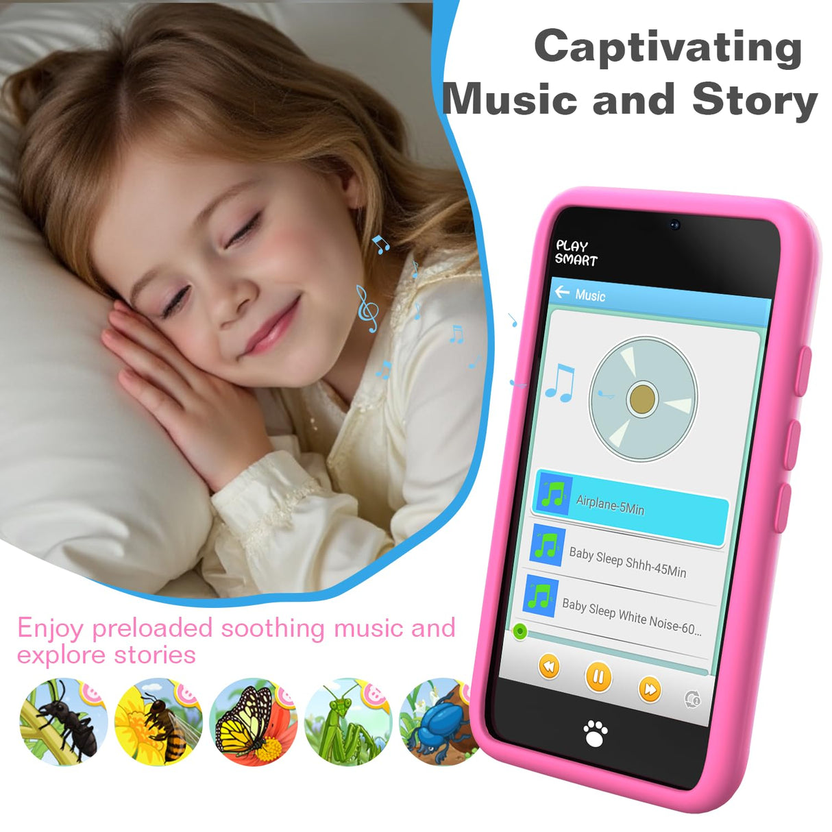 MOMILLA Toys Kids Smart Phone for Girls, 3.97” Cell Phone with Dual Cameras, Stickers & Frames, 200+ Games, 16GB Storage, Educational Mini Toddler Play Toy, Christmas Birthday Gift for Kids Age 3-10