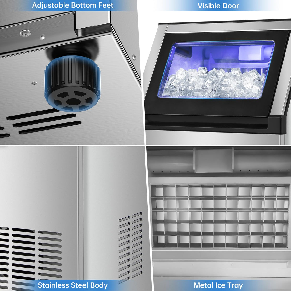 Ice Maker Commercial Ice Machine 200 lbs /24H, 33 lbs Large Storage Capacity Bin, Under Counter or Freestanding Ice Cube Makers Stainless Steel for Restaurant Bar Cafe