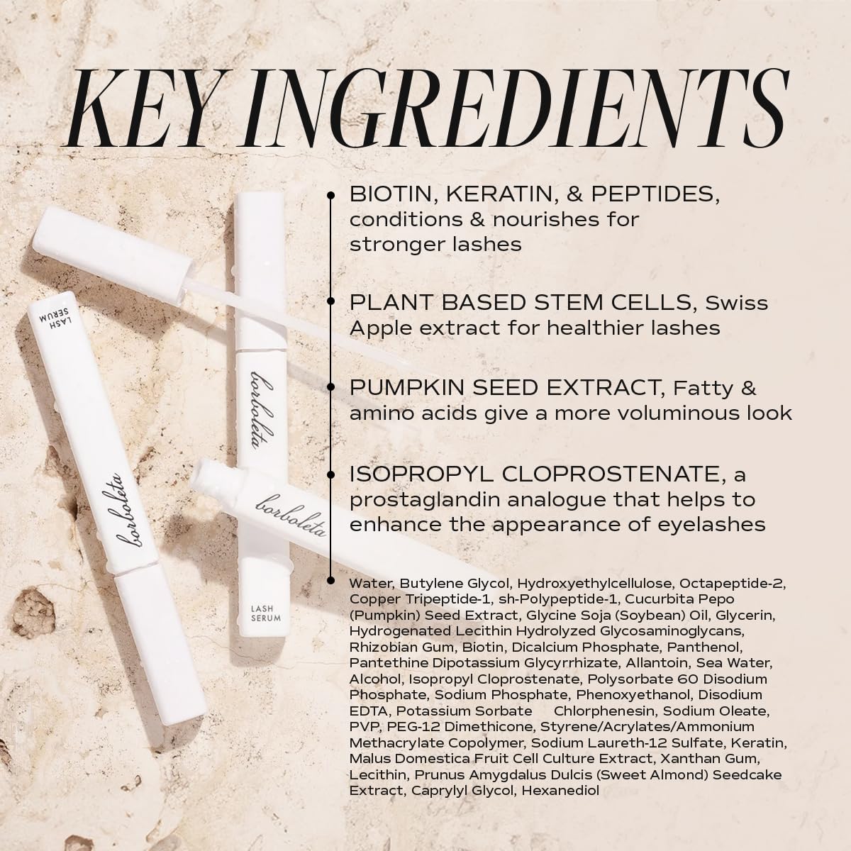 Borboleta Lash Serum, Eyelash Serum for Longer, Thicker, and Fuller Looking Natural Eyelashes, (Full Size, 3 Month Supply)