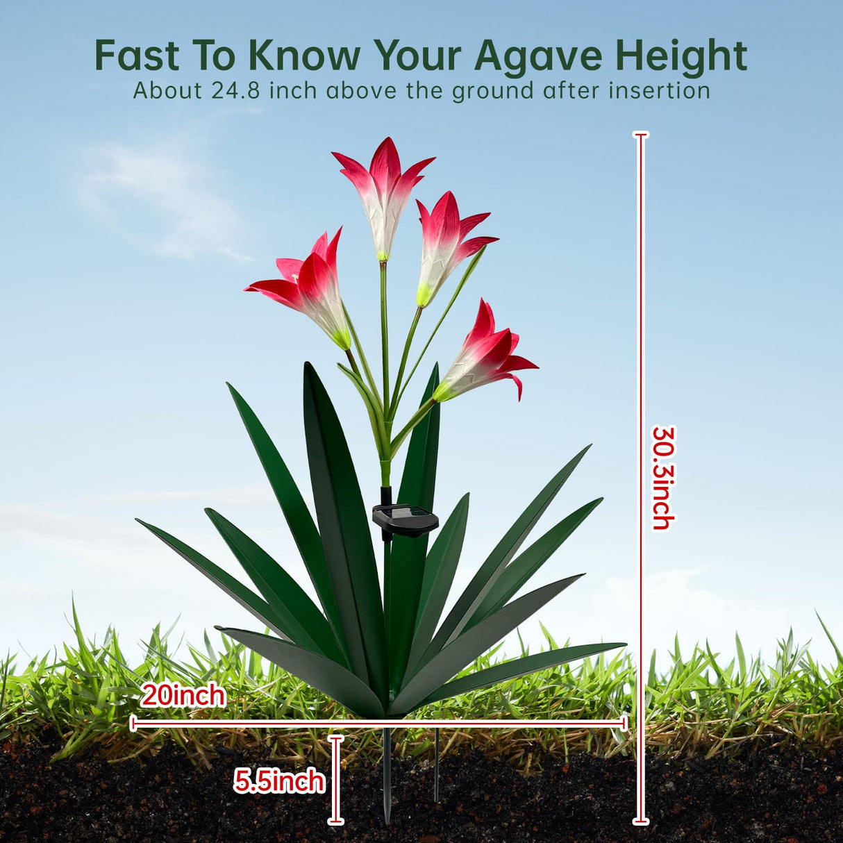 Homight Solar Metal Agave Lily Flower Garden Sculpture with LED Lights 30.3 Inch Waterproof Outdoor/Indoor Yard Decor Handmade Lawn Ornament Gift for Family Friends (2, Grass Green)