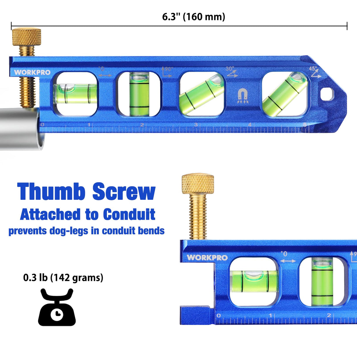 WORKPRO Magnetic Torpedo Level, Conduit Bending Level, Bubble Vials for 0°/90°/30°/45° Measurements, Aluminum Alloy Construction, 6.3-inch, Cobalt Blue