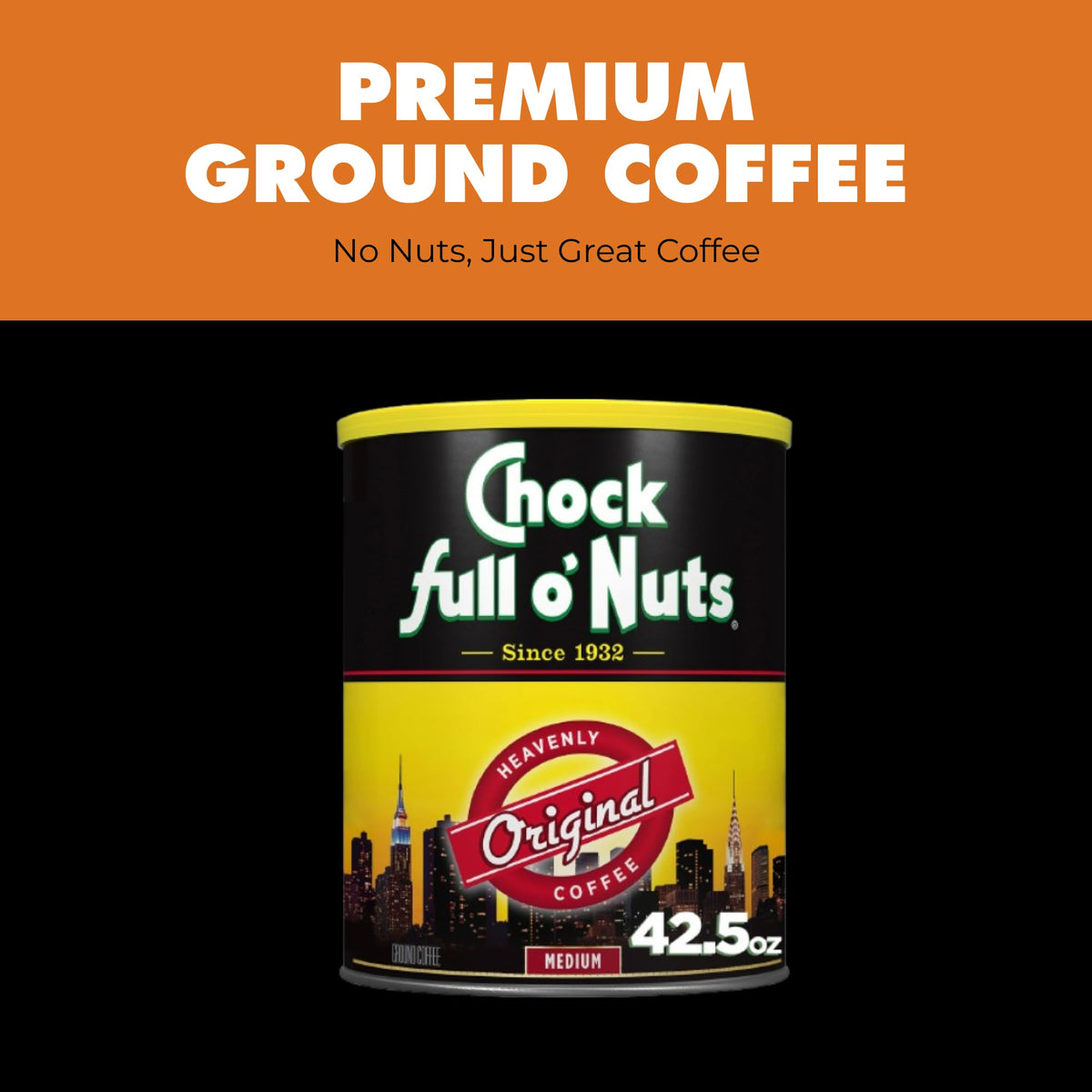 Chock Full o' Nuts Heavenly Original Ground Coffee – Premium Beans in Recyclable Steel Can – Rich Flavor & Aroma, Medium Roast – Perfect for Drip, Pour-Over, Percolator – 42.5 Oz Can