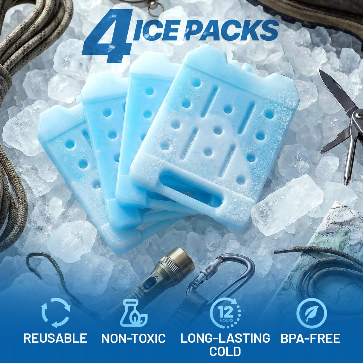 RIDGECOOL 4 Pack Reusable Large Ice Packs for Cooler, Long Lasting Freezer Packs for Camping, Beach, and Road Trips, Cooler Ice Packs BPA-Free Non-Toxic, 8"x 6.7"