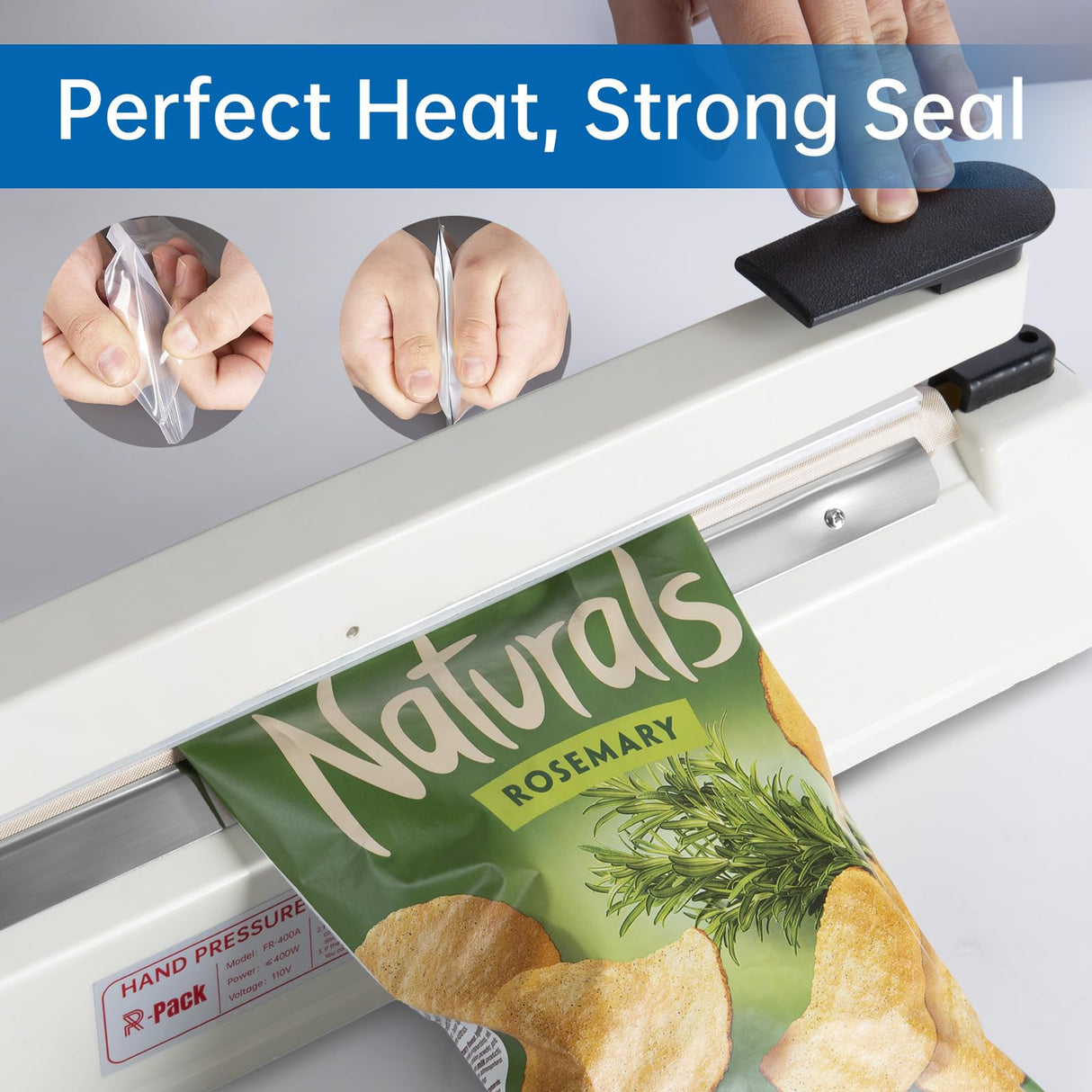 R-PACK Impulse Heat Sealer with Seal bar, Heavy-Duty Bag Sealing & Cutting Machine, 2 Extra Replacements (white, 12inch)