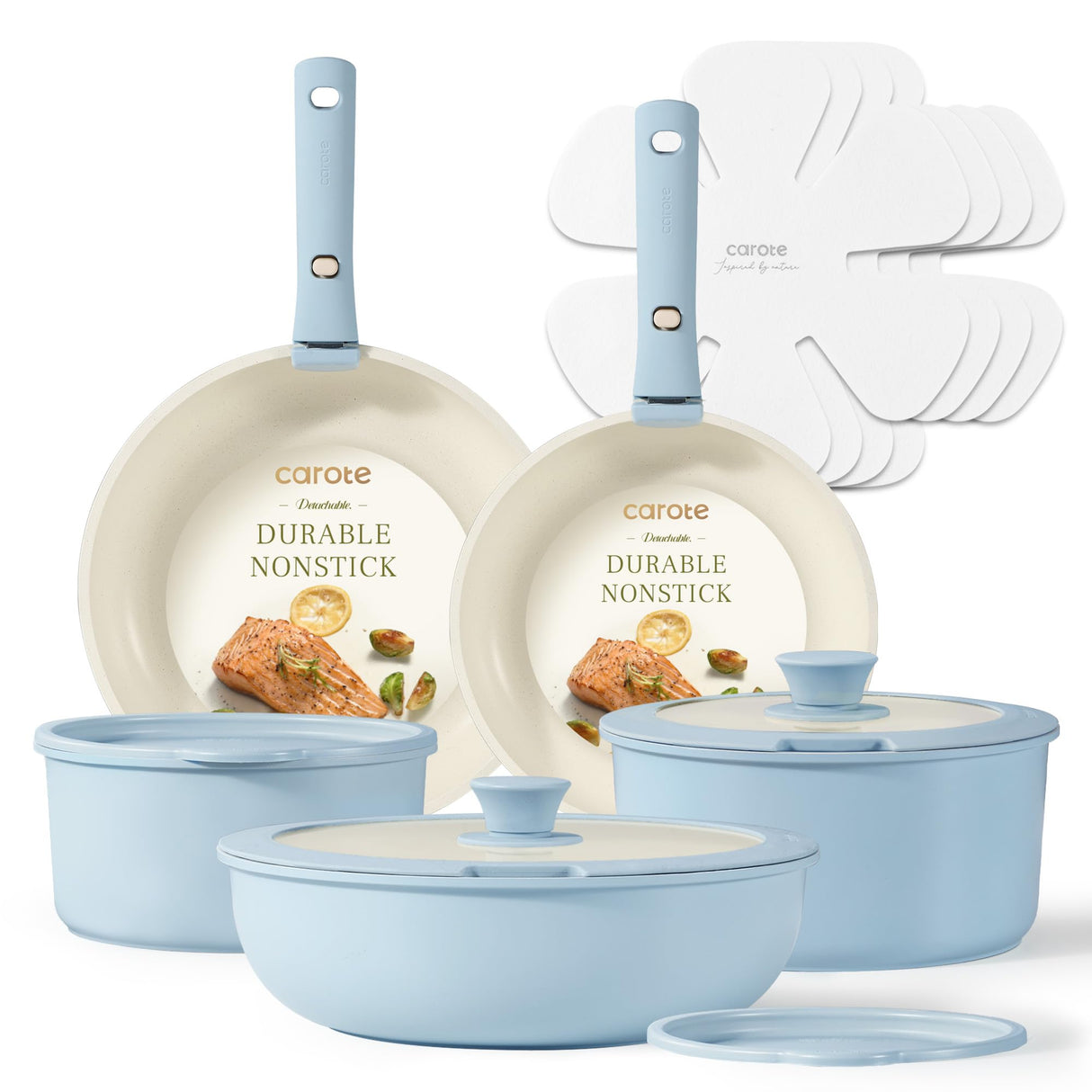 CAROTE Pots and Pans Set, Nonstick Cookware Set Detachable Handle, 15pcs Induction Kitchen Cookware Sets Non Stick with Removable Handle, RV Cookware Set, Oven Safe, Blue