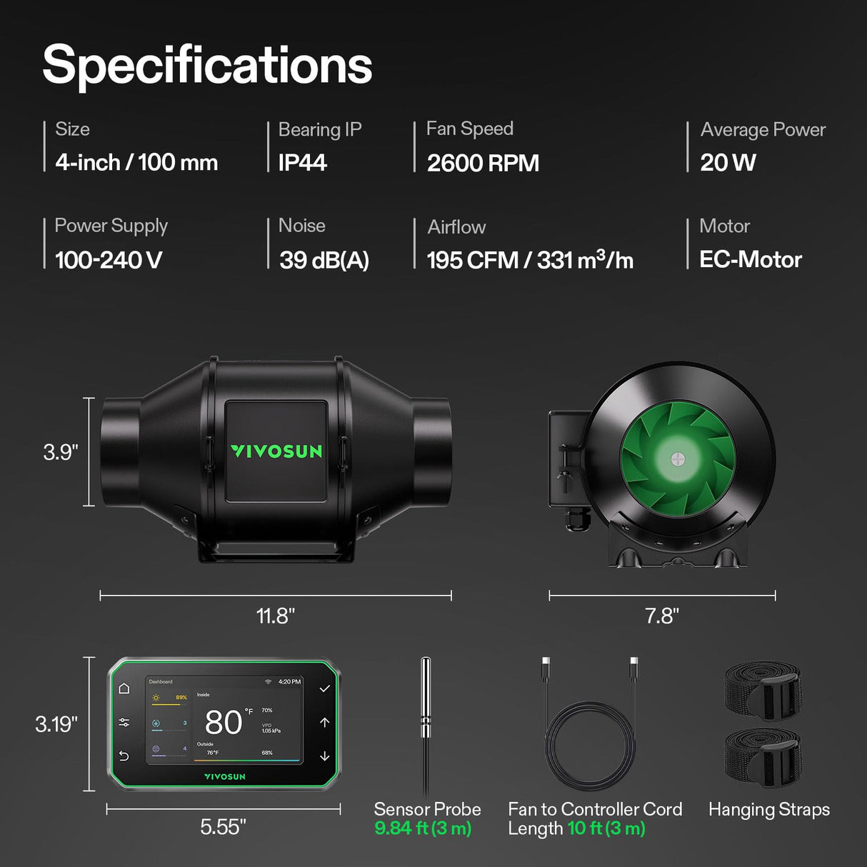 VIVOSUN G4 4" 195 CFM Inline Fan &Smart Controller, Aerozesh for IndoorGrow