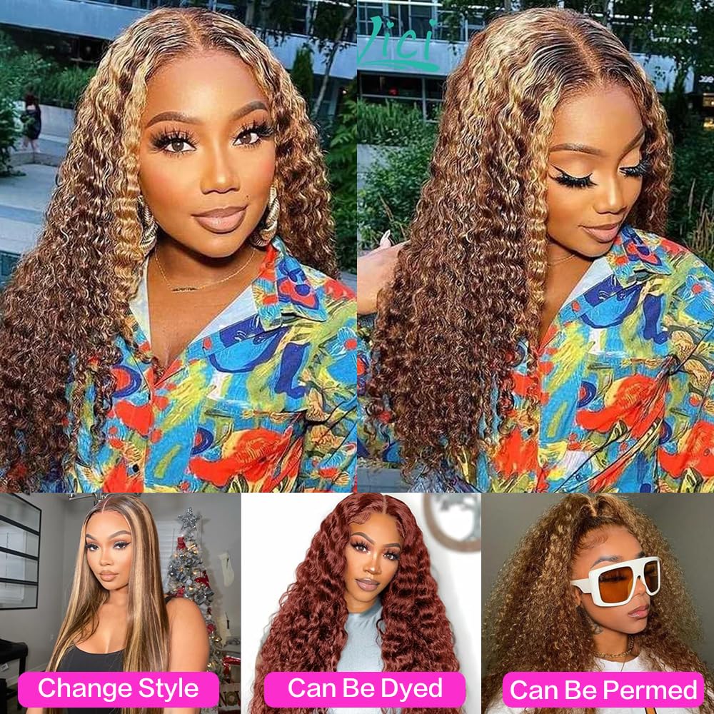 abbildung 30inch Highlight Ombre Lace Front Wig Human Hair 13x6 HD Honey Blonde 4/27 Deep Wave Lace Frontal Wigs Glueless Wigs Human Hair Pre Plucked with Baby Hair 200 Density