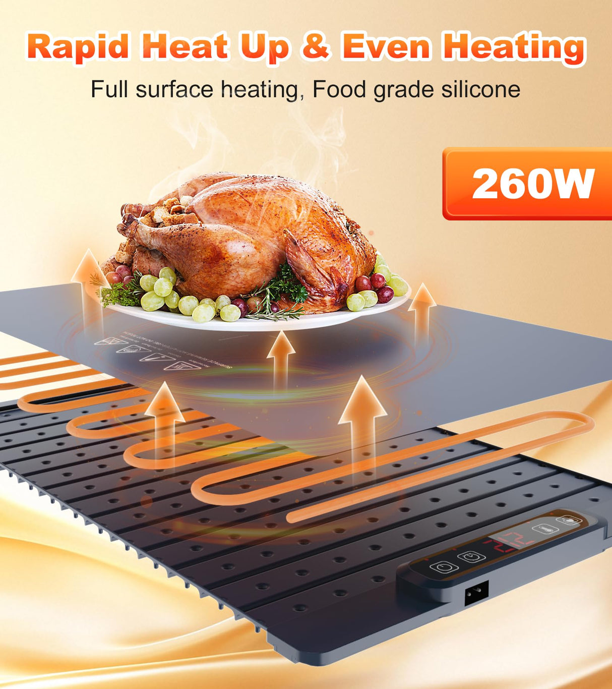 Warming Mat for Food, Food Warming Mat, 10-Second Rapid Heating Silicone Electric Tray, 5 Temperature Settings and 1-4 Hour Adjustable Timer, Foldable Portable Food Warmer, for Gatherings and Parties