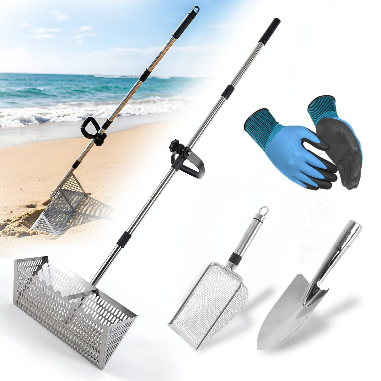 Sand Flea Rake,Detachable Long Handle Sand Sifter with Stainless Steel Sand Scoop Shark Tooth Sifter and Beach gloves with 16-Inch-Wide Drainage Mesh for Finding Fleas,Shells Shark Teeth,Yard Cleaning