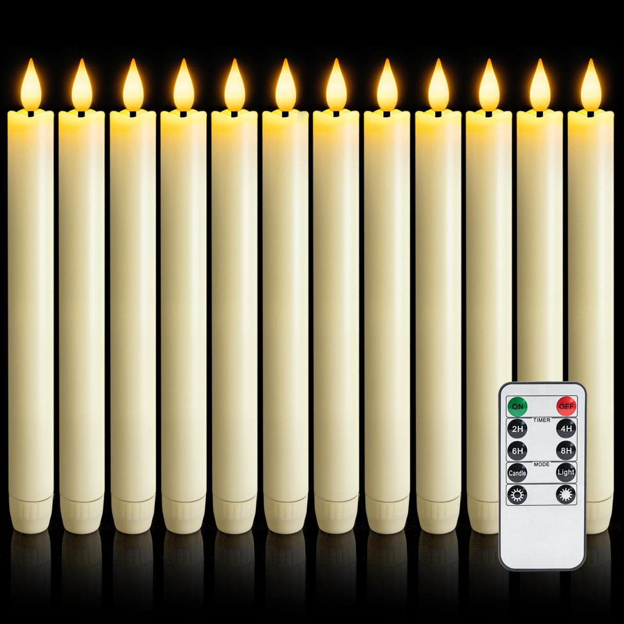 Meigic 12 Pcs Flameless Taper Candles with Remote Timer Dimmer, 9.6 inches Ivory Plastic LED Candlesticks, Battery Operated Led Warm Light Window Candles, for Wedding Home Christmas Decoration