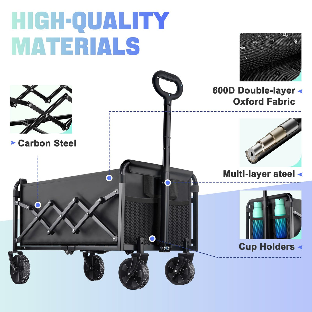 280LBS Small Collapsible Folding Wagon Cart Lightweight with 2 Cup Holders
