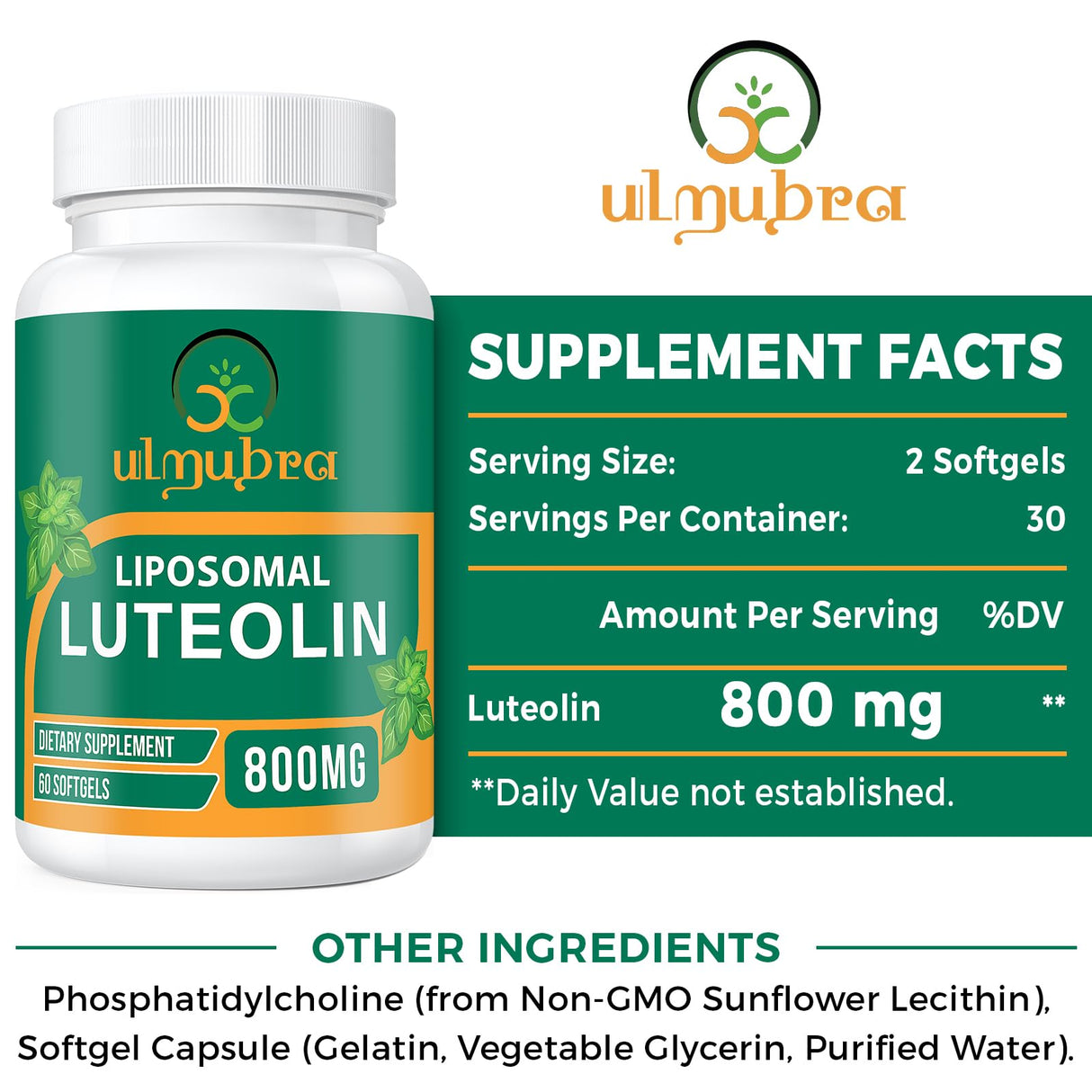 Ulmubra 800 MG Liposomal Luteolin Supplement - Maximum Absorption, Premium Antioxidant Supplement for Brain & Overall Well-Being, 60 Softgels - 30-Day Supply