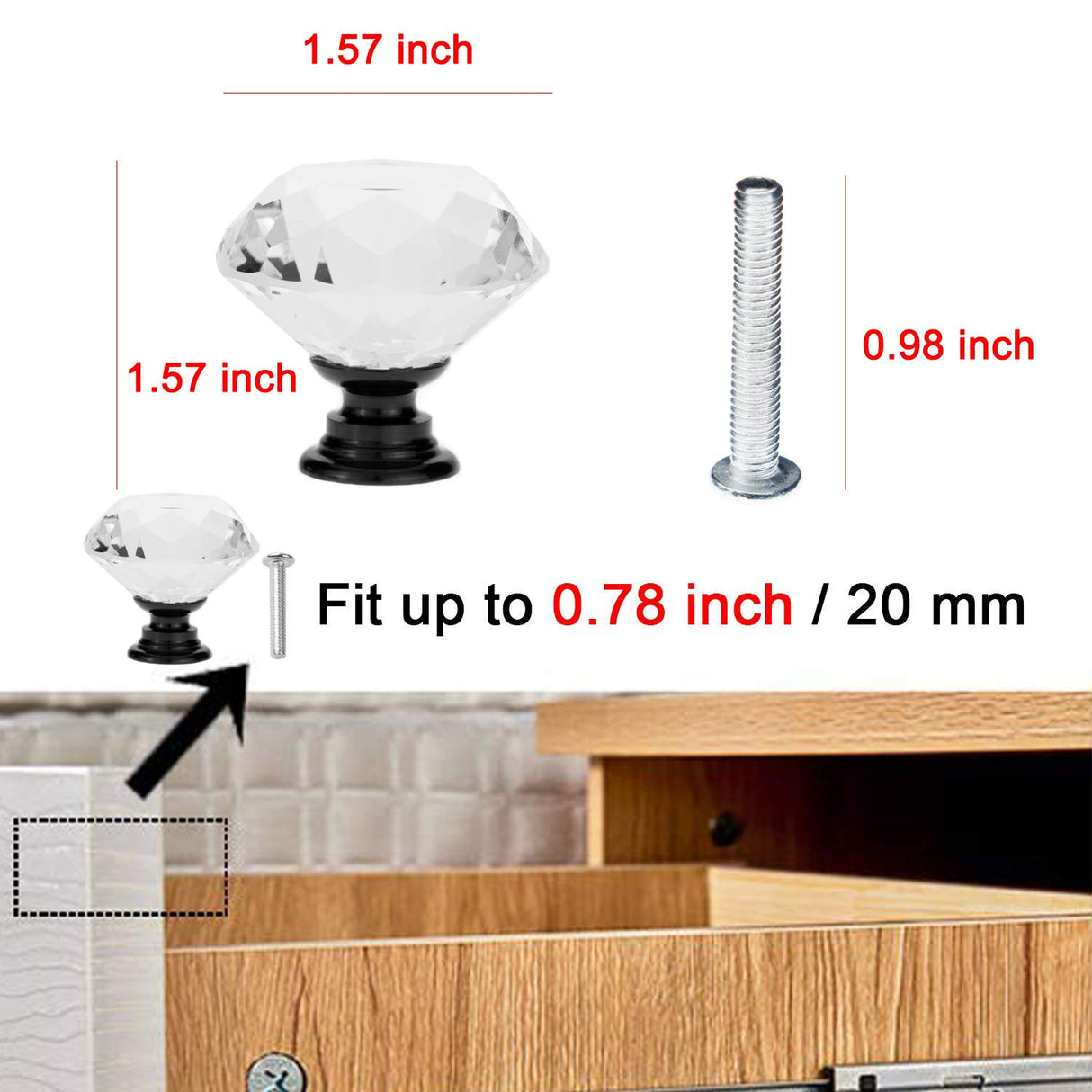 YourGift 12 Pack Drawer Knobs Diamond Shaped Crystal Glass 40mm Cabinet Knobs Pull Handles (40 mm, 12 Pack, Black)