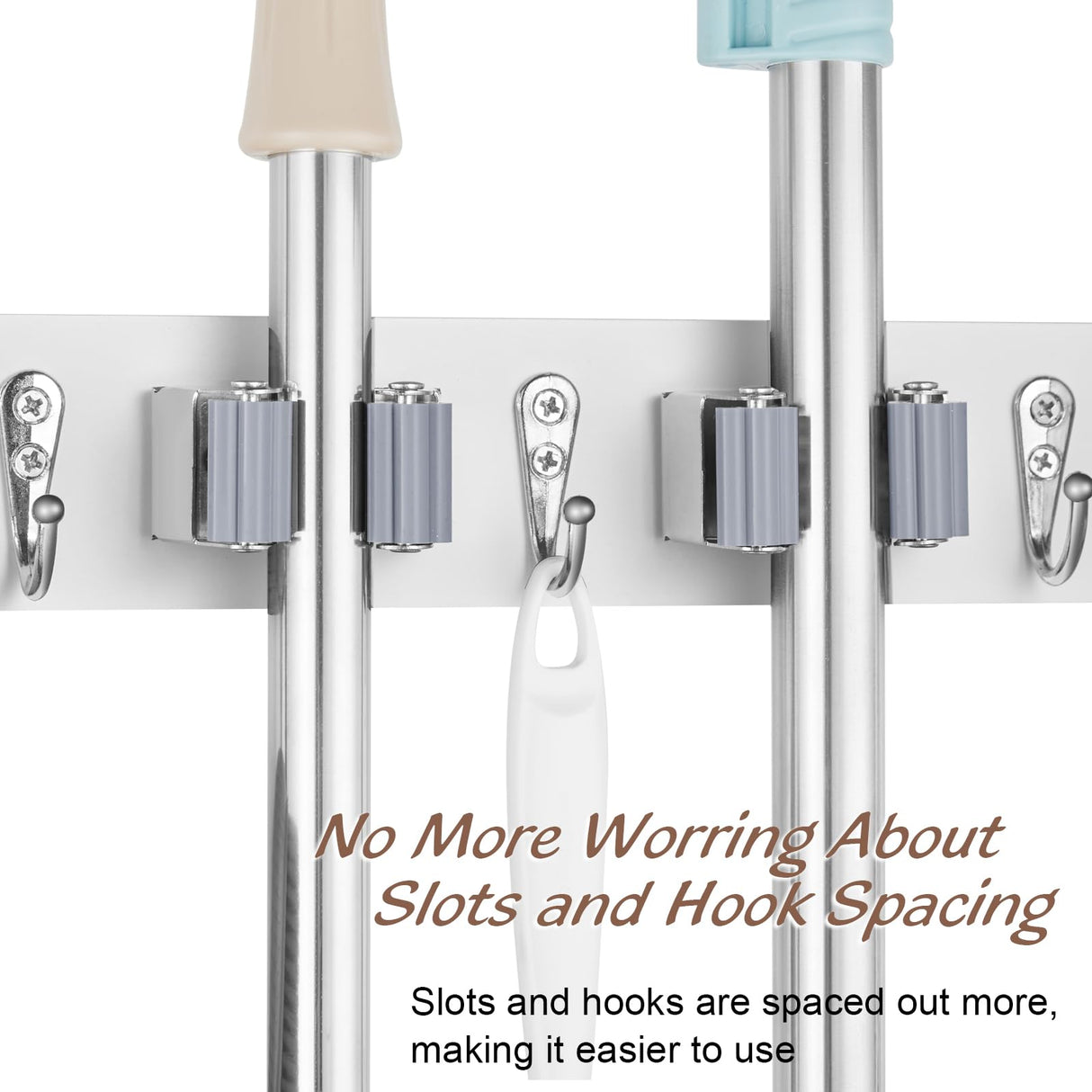 OUTNILI White Mop Broom Holder Wall Mount with 4 Slots & 4 Hooks - Wood Broom Mop Hanger for Pantry Closet Laundry Room Organization - Heavy Duty Garden Tool Organizer - White Kitchen Decor