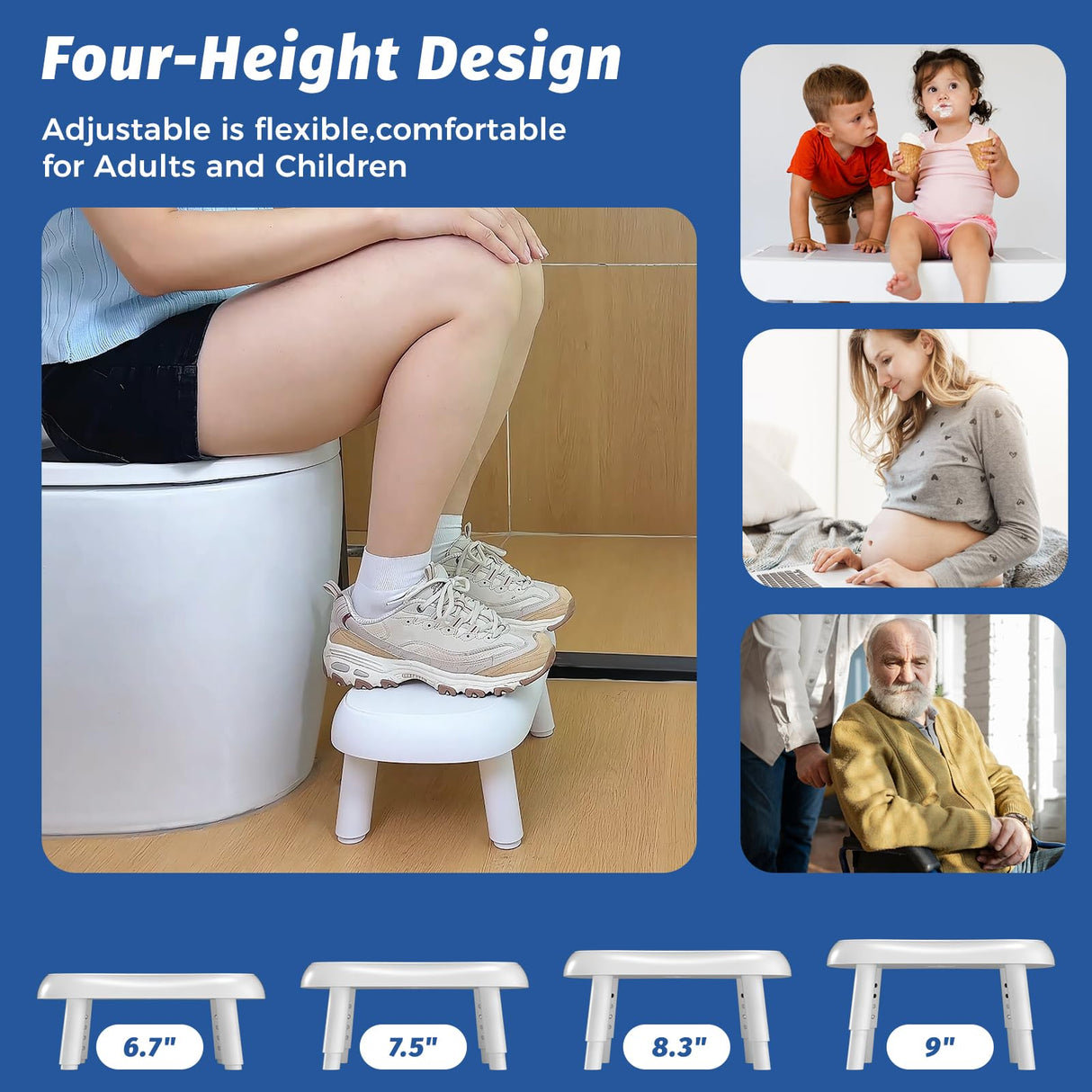 Clirass Toilet Stool Squat - 6.7", 7.5", 8.3" and 9" Adjustable Heights - Bathroom Potty Poop Stool for Adults and Kids with Non-Slip Design