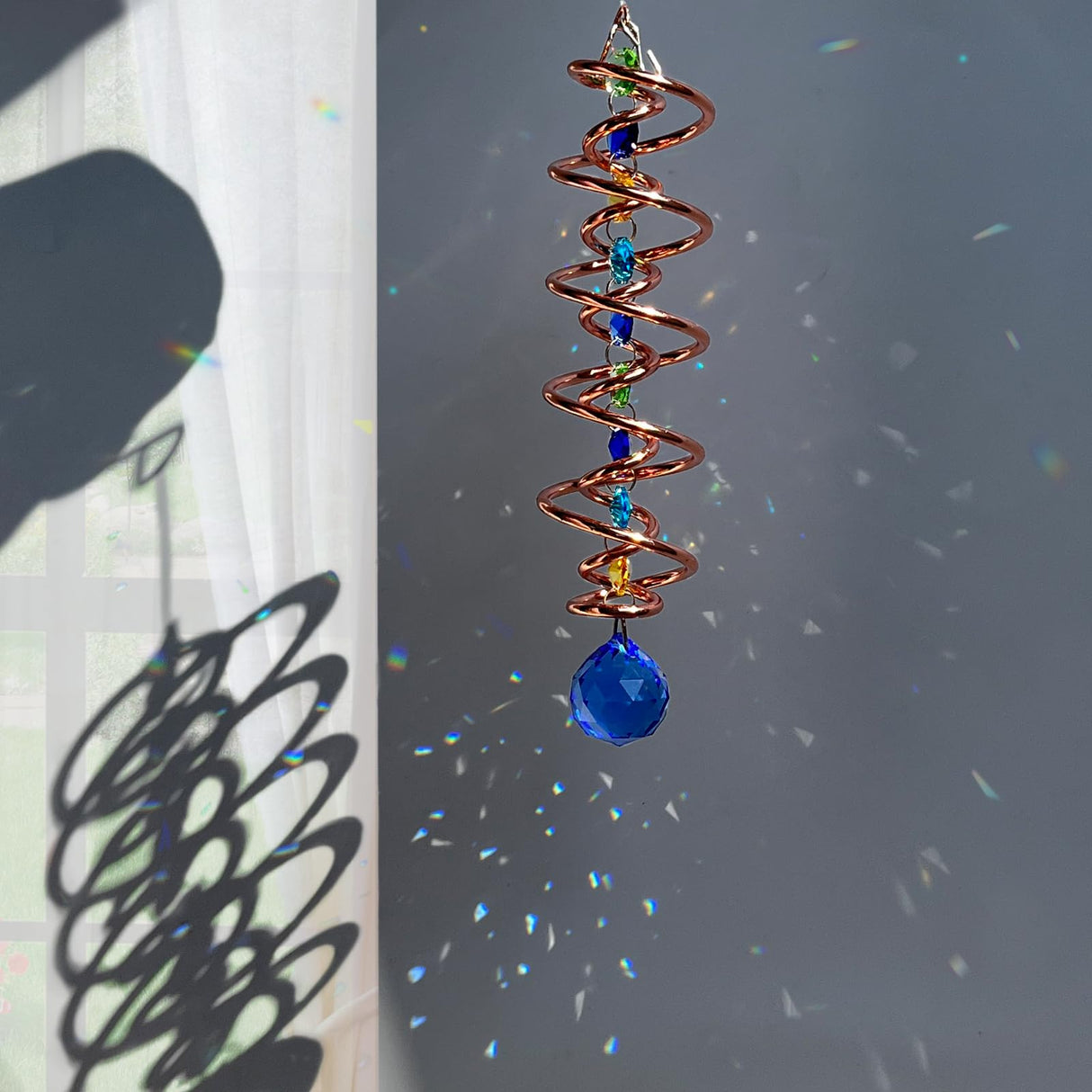 FONMY Gazing Ball Spiral Tail -Decorative Wind Spinner Sun Catcher Rainbow Maker Copper Double-Spiral W/Sea Blue Crystal Ball and Chain Crystals Beads for Indoor Outdoor Garden Decoration -14 inch H