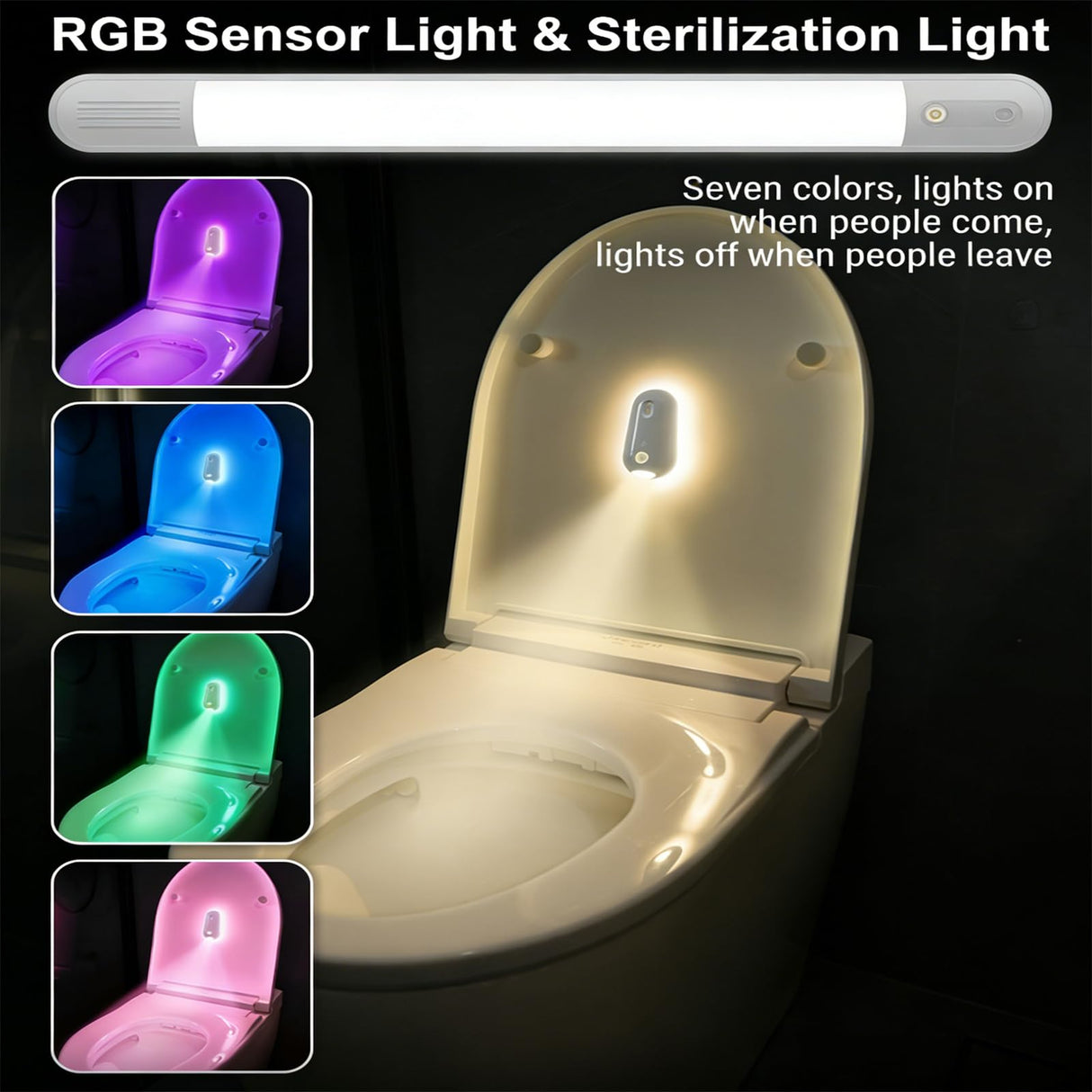 Self Cleaning UV Toilet Sanitizer Light, Motion-Activated, Rechargeable, Night Light, Adhesive-Mounted for Shared Bathrooms, For Elderly & Pet