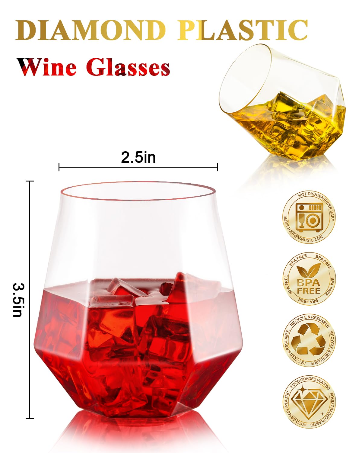 BESTSTAR 40 PCS Clear 12 Oz Plastic Wine Whiskey Glasses, Diamond Stemless Unbreakable Disposable Wine Glasses for Parties, Ideal for Weddings, Christmas, Halloween,Holidays,pool party,Daily Use