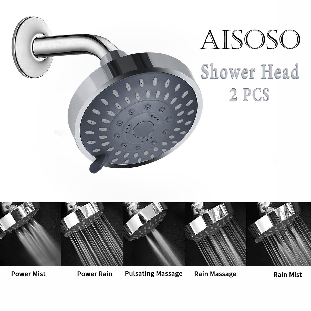 AISOSO Shower Head 2 PCS, 5 Modes High Pressure Shower Heads for Relaxed Shower Experience, 4.1 Inch Bathroom Fixed Showerhead Even at Low Water Pressure for Powerful Spray, Chrome