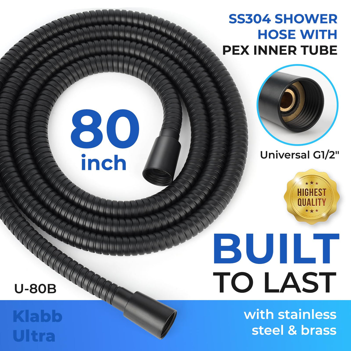 Klabb 80 Inch Extra Long Shower Hose, Matte Black Stainless Steel Shower Hose for Handheld Shower, Flexible Anti-Kink Design with 360° Reinforced PEX Inner Tube, 3.6 GPM, G1/2