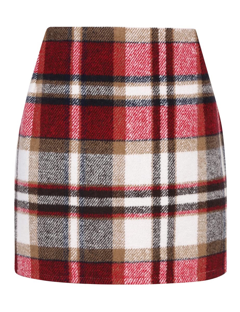 IDEALSANXUN Christmas Outfits for Women 2025 Clothes Fashion Red Plaid Dress Wool Mini Christmas Skirts, Wine, M