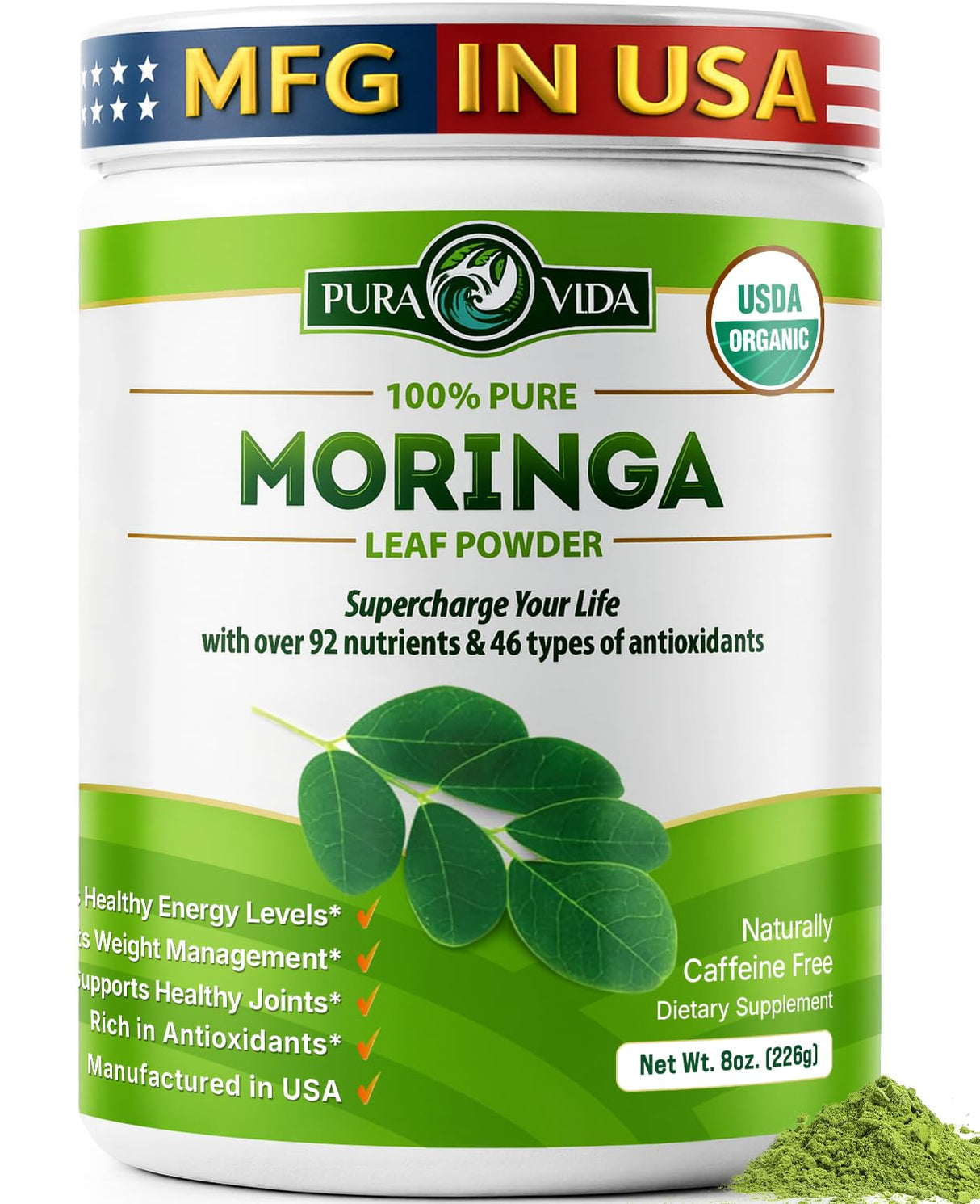 PURA VIDA MORINGA Organic Moringa Leaf Powder, Premium 100% Leaf Powder Single Origin - USDA Organic Moringa Oleifera, Perfect for Smoothies & Recipes, 8 oz