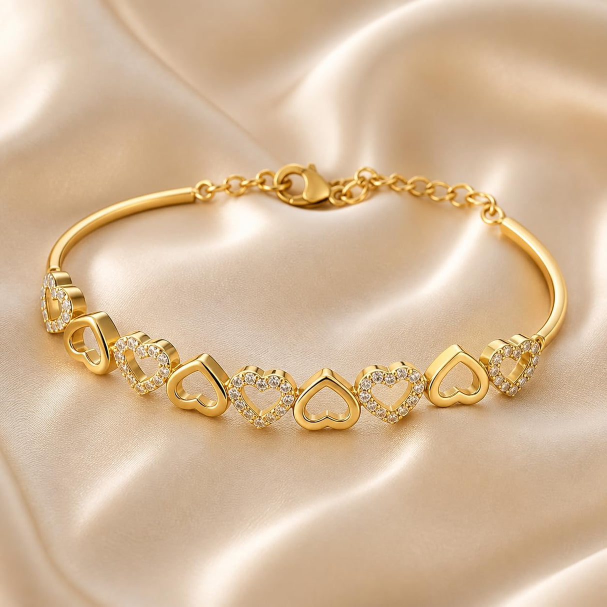Amy & Annette 14K Gold Plated Heart Bangle Bracelet for Women with Crystals - Adjustable Gold Bangles, Heart Bracelets for Women, Cute Bangle, Gold Plated Bracelets