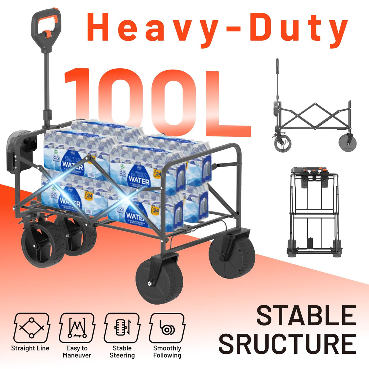 Litheli Electric Collapsible Wagon Cart with Brakes, 100L Grocery Cart with Wheels,Easy to Carry Folding Wagon for Camping, Gardening, Shopping