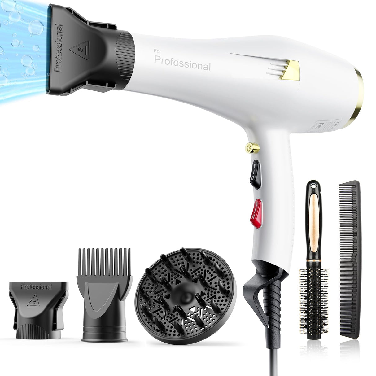 Dekuri Professional Ionic Hair Dryer AC Motor Fast Drying Salon Blow Dryer with Diffuser, Comb, Nozzle, Concentrator, for Curly and Straight Hair, 2 Speed & 3 Heat Setting, Cool Button, White