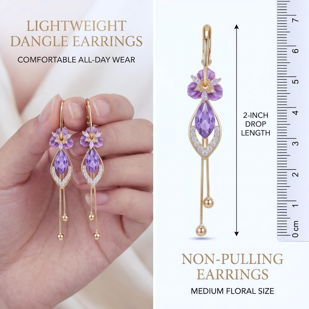 14K gold plated Purple Flower Dangle Chandelier Drop Earrings for Women Hypoallergenic Cubic Zirconia Elegant Statement Jewelry Gifts