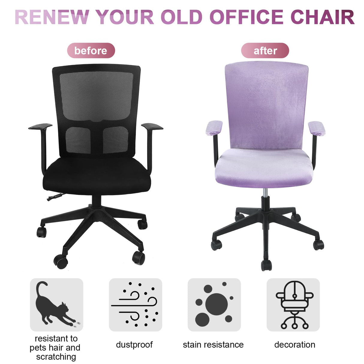 Tallew 4 Pcs Office Chair Covers Set Computer Universal Protective Stretchable Chair Seat Covers Desk Armrest Slipcovers Pads Office Cushion Backrest for Rotating(Purple)