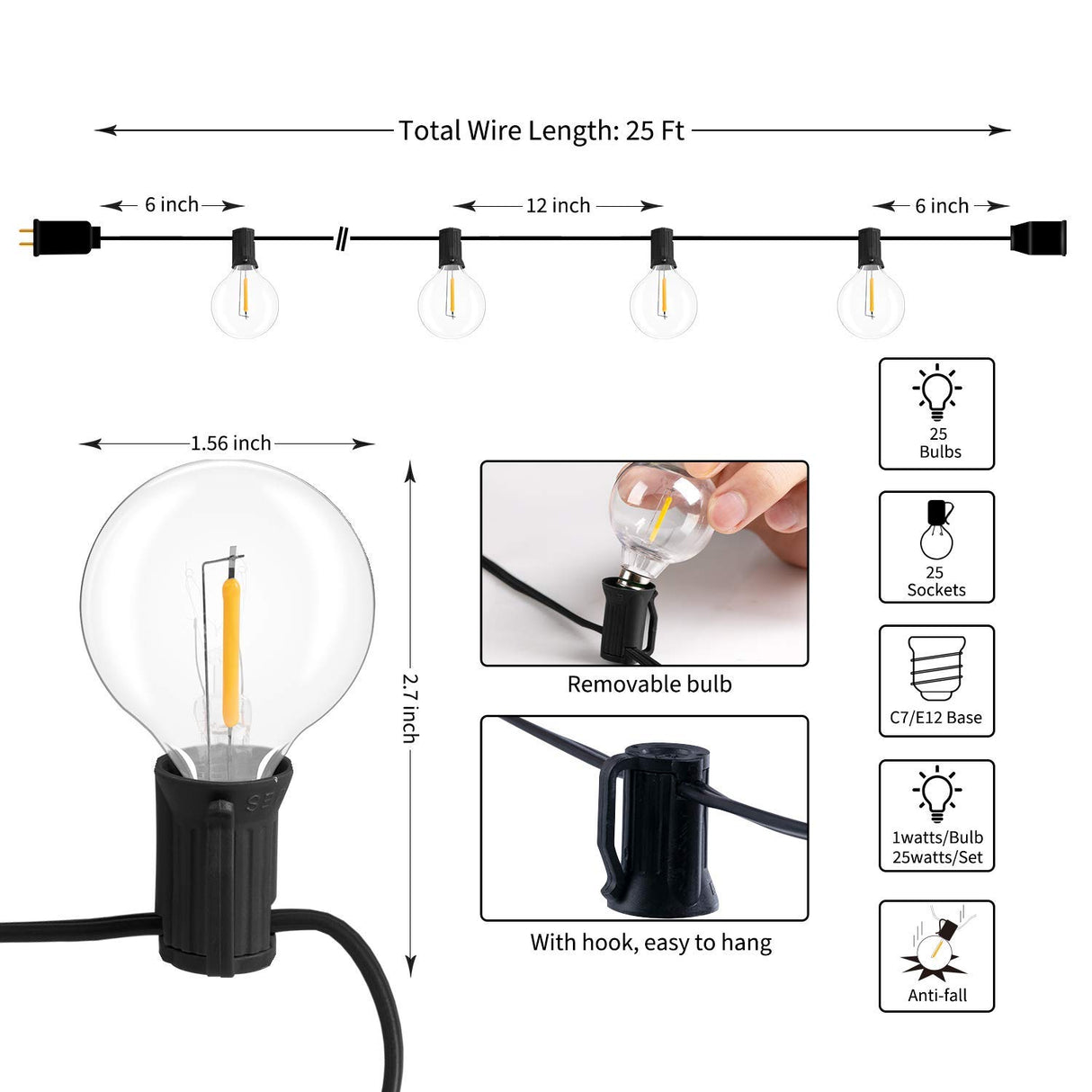 Brightown LED String Lights Outdoor 25Feet G40 Patio Lights with 25 Shatterproof Bulbs, Waterproof Globe Hanging Lights for Backyard Porch Bistro Balcony Decor, E12 Socket