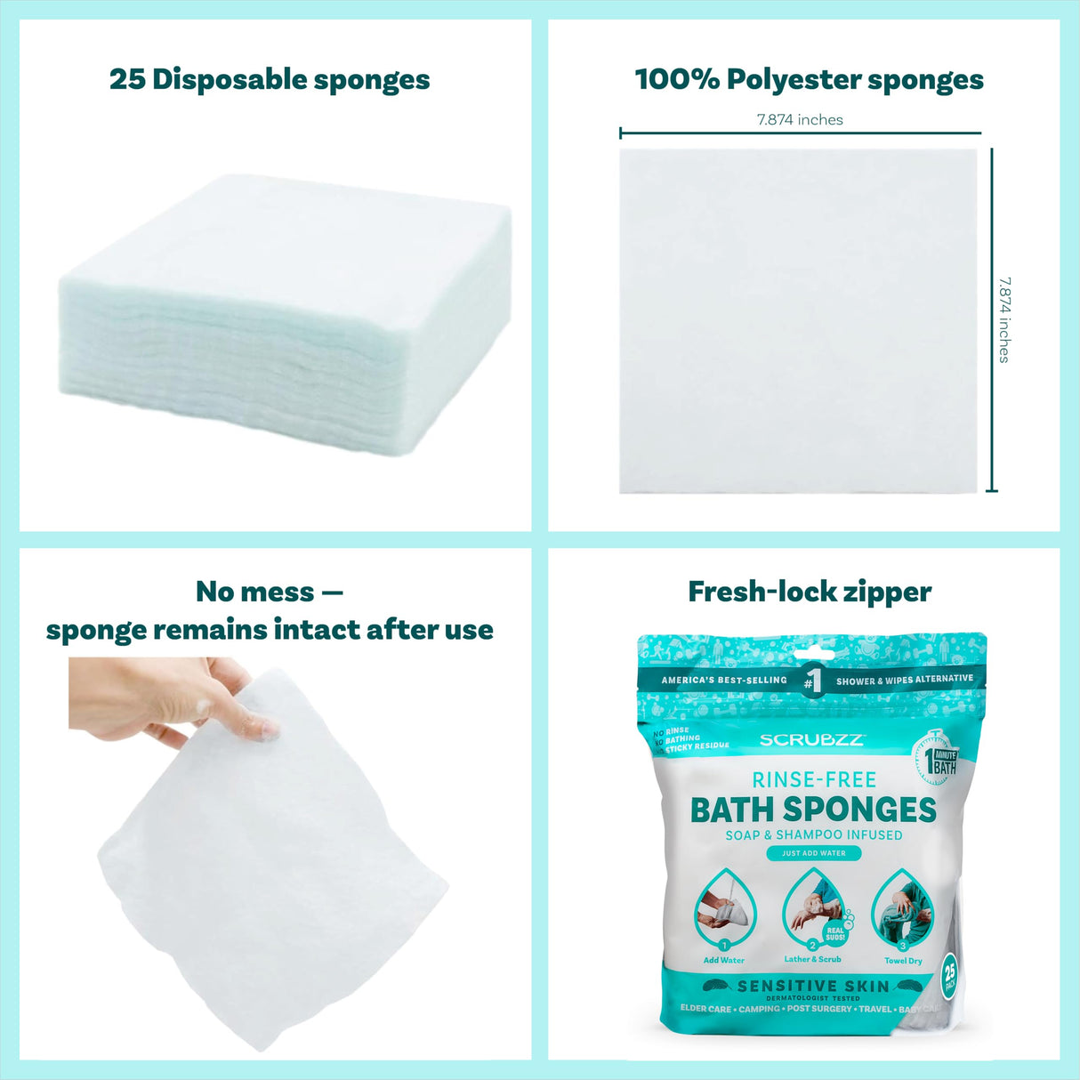 Scrubzz Disposable No Rinse Bathing Wipes for Sensitive Skin - All-in-1 Single Use Shower Wipes, Simply Dampen, Lather, and Dry Without Shampoo or Rinsing (Sensitive Skin, 4-Pack)