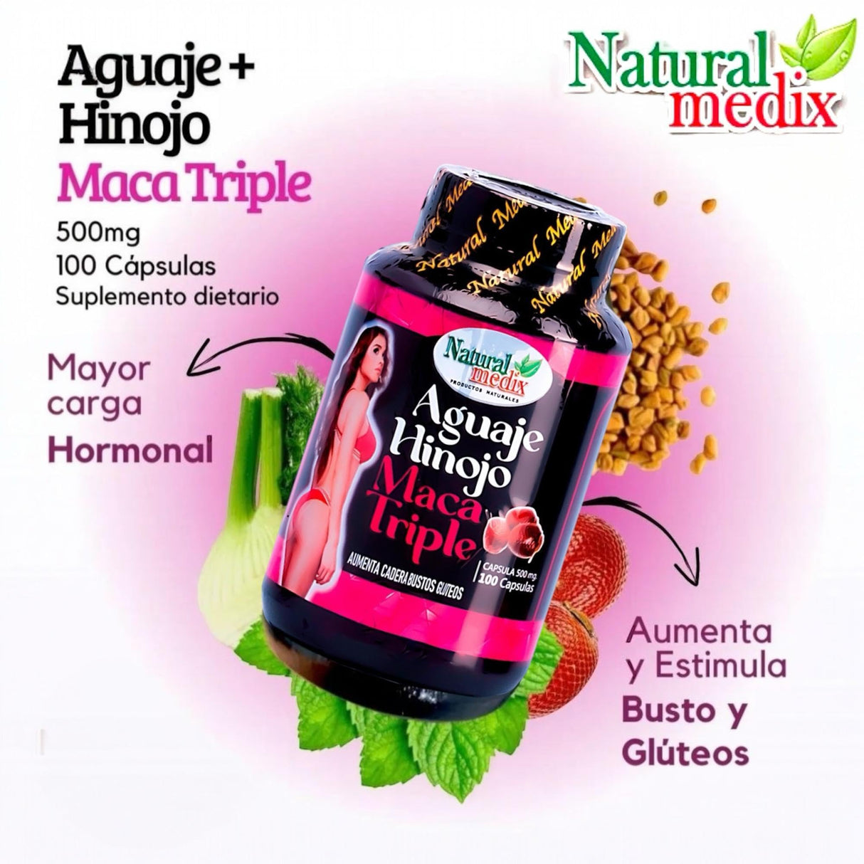 Natural medix Aguaje Hinojo Maca Triple (Maca Root Supplement) Premium 100 Capsules - Peruvian Butt and Breast Enhancement Capsules - Female Health Supplement - Curves Powerful Antioxidant