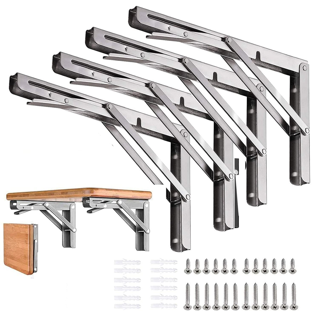 Folding Shelf Brackets 14 inch 4 Pcs Max. Load 330lb - Heavy Duty Stainless Steel DIY Wall Mounted Collapsible Shelf Brackets, Space Saving for Table, Workbench, Garage Workstation, Stuff Supports