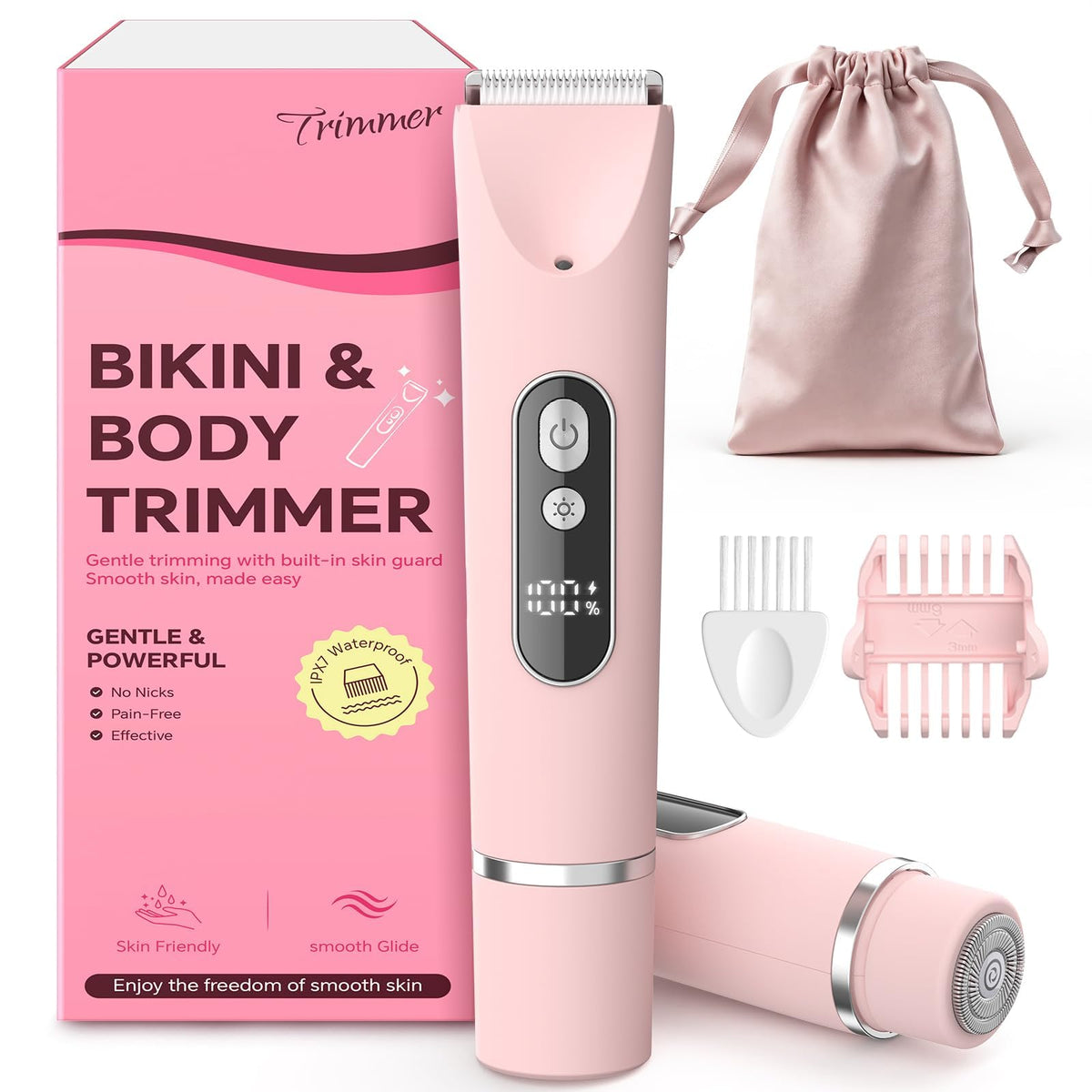 CoolHair Bikini Trimmer for Women,Smooth Electric Razor for Sensitive Skin, IPX7 Waterproof Wet & Dry Cordless Body Shaver Replacement Heads for Bikini Area, Pubic Hair, Face, Underarms & Legs (Pink)