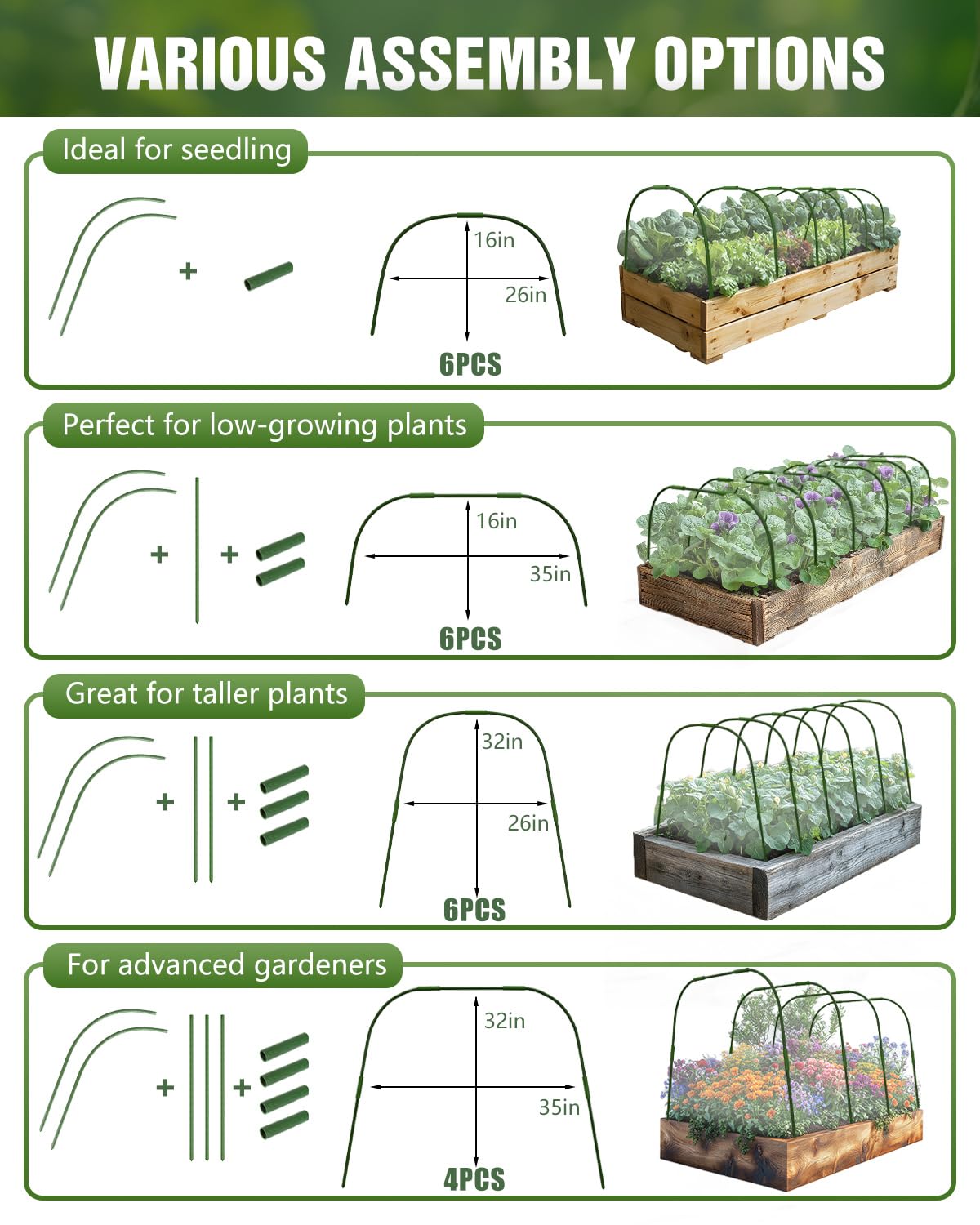 6 Sets Garden Hoops with 10x30 Ft Netting for Raised Beds, 18 Clips