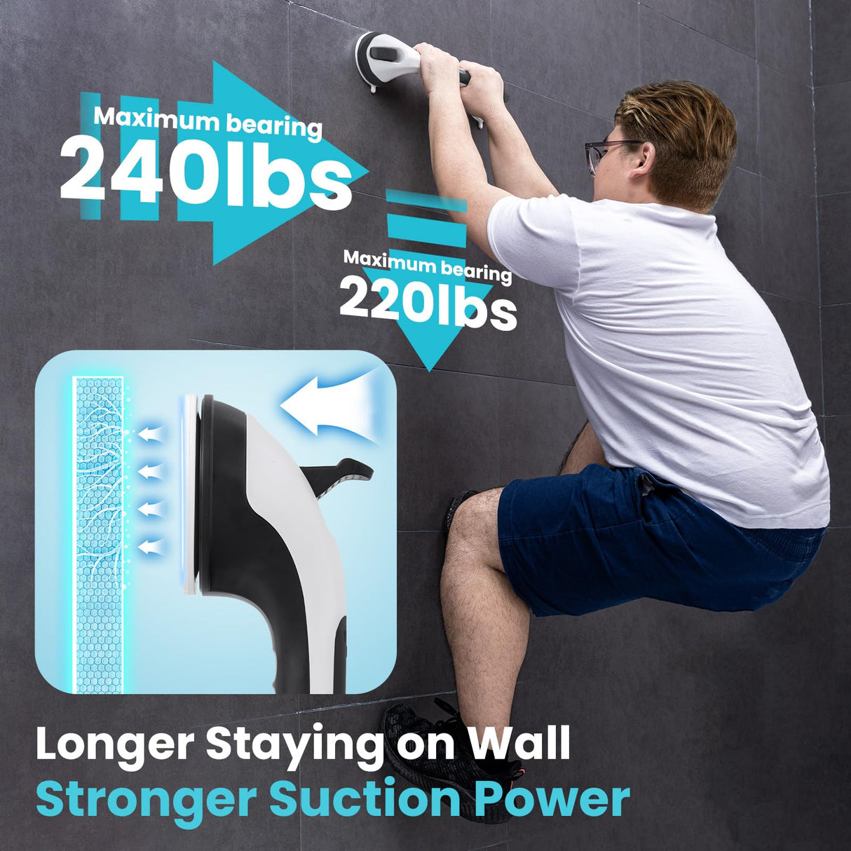 TAILI Shower Grab Bar Glow in The Dark, 2 Pack 12.2 in Grab Bars for Bathtubs and Showers, Shower Handle Shower Rail for Seniors and Elderly,Bathroom Safety Grip Removable No Drilling Waterproof Black